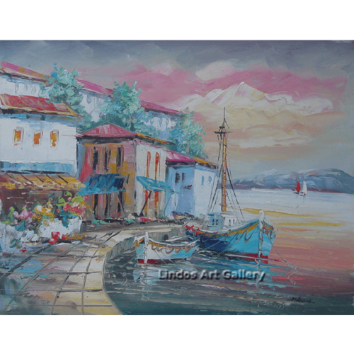 Boats in Harbor Oil Painting