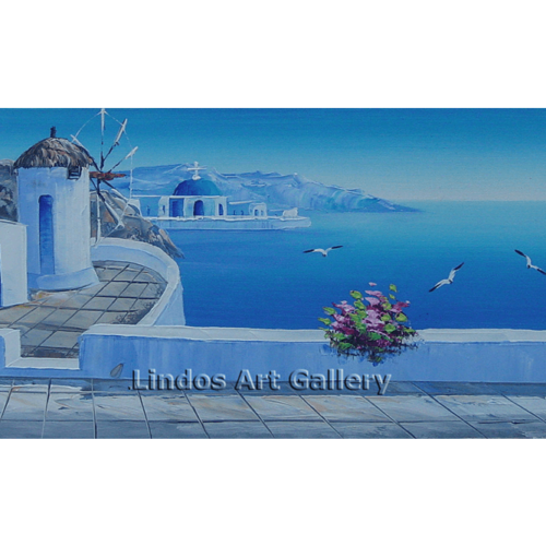 Greek Windmill Church Blue Sea Oil Painting
