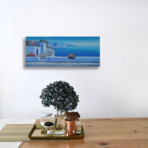 Greek Windmill Church Blue Sea Oil Painting