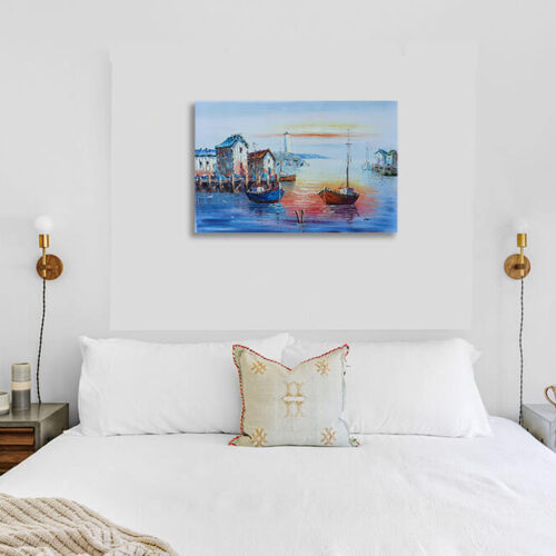 Boats and Lighthouse in Harbour Oil Painting