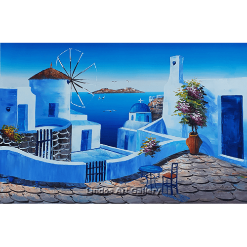 Windmill and Blue Church Greece Oil Painting